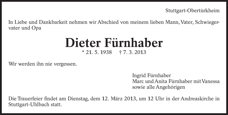  Traueranzeige für Dieter Fürnhaber vom 09.03.2013 aus Eßlinger Zeitung/Cannstatter Zeitung