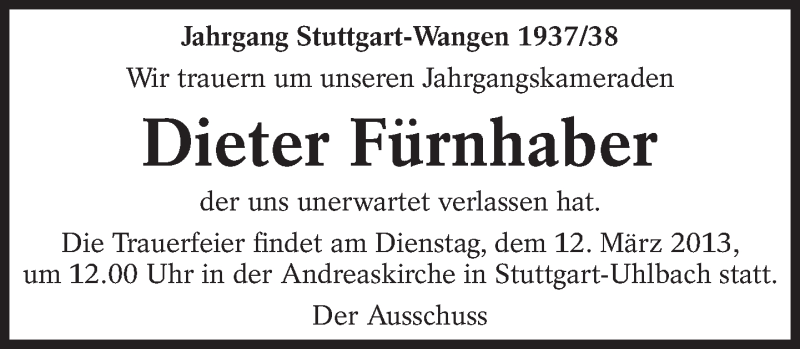  Traueranzeige für Dieter Fürnhaber vom 11.03.2013 aus Eßlinger Zeitung/Cannstatter Zeitung