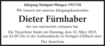 Traueranzeige von Dieter Fürnhaber von Eßlinger Zeitung/Cannstatter Zeitung