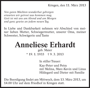 Traueranzeige von Anneliese Erhardt von Eßlinger Zeitung/Cannstatter Zeitung