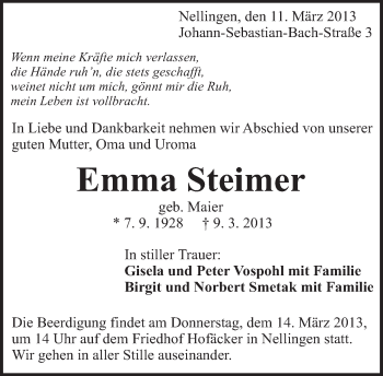 Traueranzeige von Emma Steimer von Eßlinger Zeitung/Cannstatter Zeitung