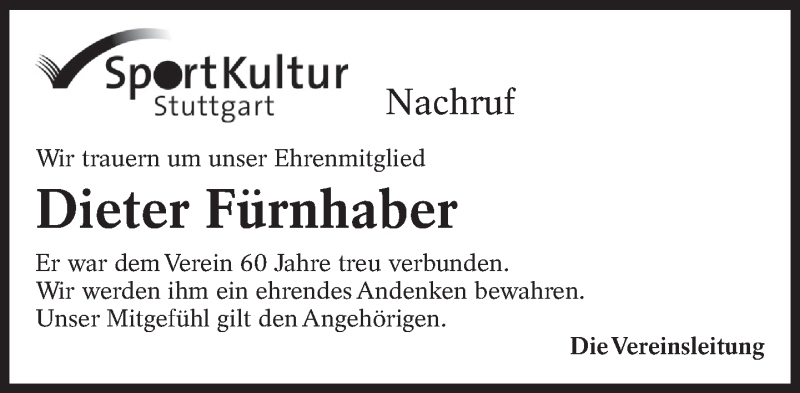  Traueranzeige für Dieter Fürnhaber vom 12.03.2013 aus Eßlinger Zeitung/Cannstatter Zeitung