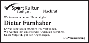 Traueranzeige von Dieter Fürnhaber von Eßlinger Zeitung/Cannstatter Zeitung