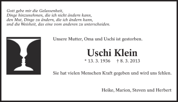 Traueranzeige von Uschi Klein von Eßlinger Zeitung/Cannstatter Zeitung