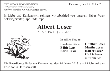 Traueranzeige von Albert Loser von Eßlinger Zeitung/Cannstatter Zeitung