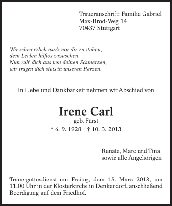 Traueranzeige von Irene Carl von Eßlinger Zeitung/Cannstatter Zeitung