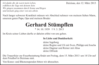 Traueranzeige von Gerhard Stümpflen von Eßlinger Zeitung/Cannstatter Zeitung