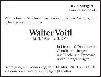 Traueranzeige von Walter Voitl von Eßlinger Zeitung/Cannstatter Zeitung