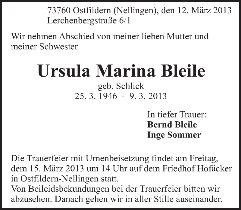  Traueranzeige für Ursula Marina Bleile vom 12.03.2013 aus Eßlinger Zeitung/Cannstatter Zeitung
