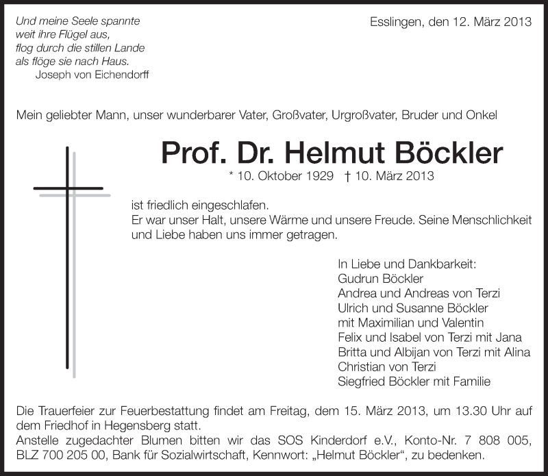  Traueranzeige für Helmut Böckler vom 12.03.2013 aus Eßlinger Zeitung/Cannstatter Zeitung