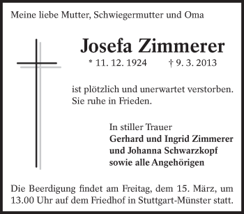 Traueranzeige von Josefa Zimmerer von Eßlinger Zeitung/Cannstatter Zeitung