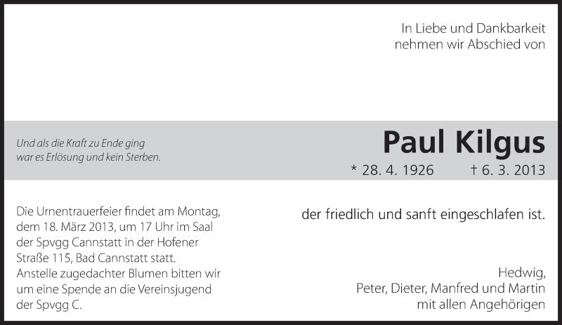  Traueranzeige für Paul Kilgus vom 14.03.2013 aus Eßlinger Zeitung/Cannstatter Zeitung