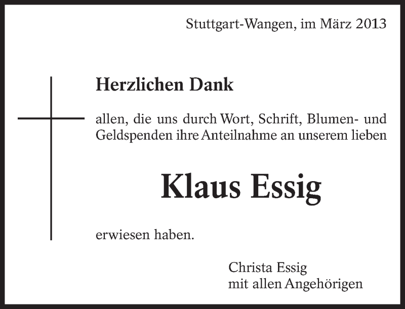  Traueranzeige für Klaus Essig vom 16.03.2013 aus Eßlinger Zeitung/Cannstatter Zeitung