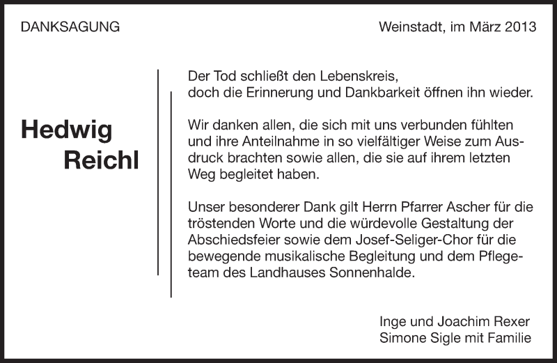  Traueranzeige für Hedwig Reichl vom 19.03.2013 aus Eßlinger Zeitung/Cannstatter Zeitung