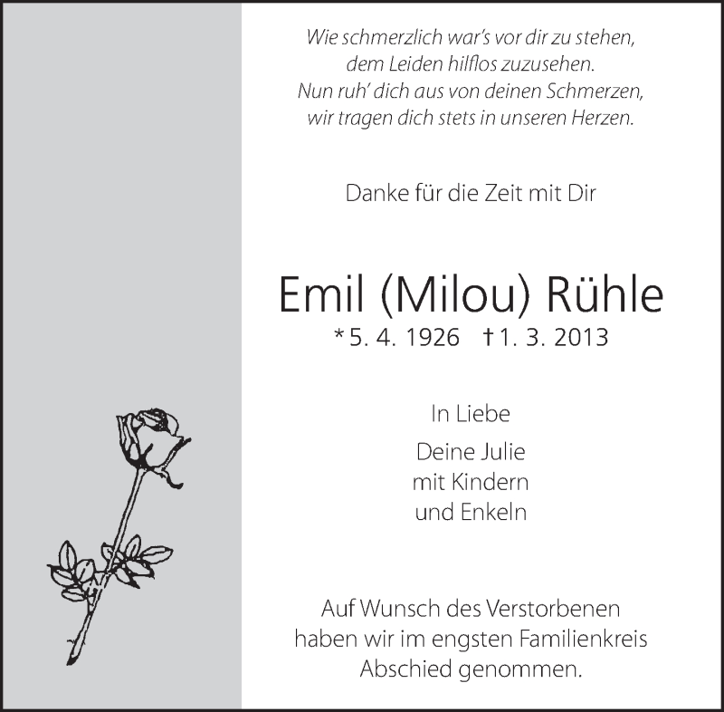  Traueranzeige für Emil Rühle vom 15.03.2013 aus Eßlinger Zeitung/Cannstatter Zeitung