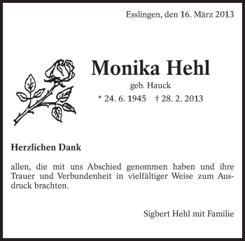 Traueranzeige von Monika Hehl von Eßlinger Zeitung/Cannstatter Zeitung