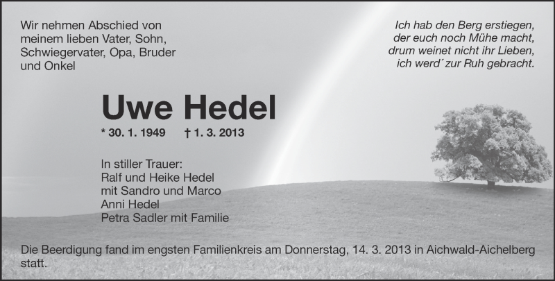  Traueranzeige für Uwe Hedel vom 15.03.2013 aus Eßlinger Zeitung/Cannstatter Zeitung