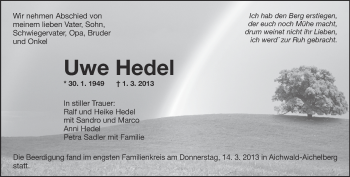 Traueranzeige von Uwe Hedel von Eßlinger Zeitung/Cannstatter Zeitung