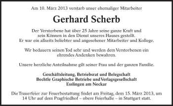 Traueranzeige von Gerhard Scherb von Eßlinger Zeitung/Cannstatter Zeitung