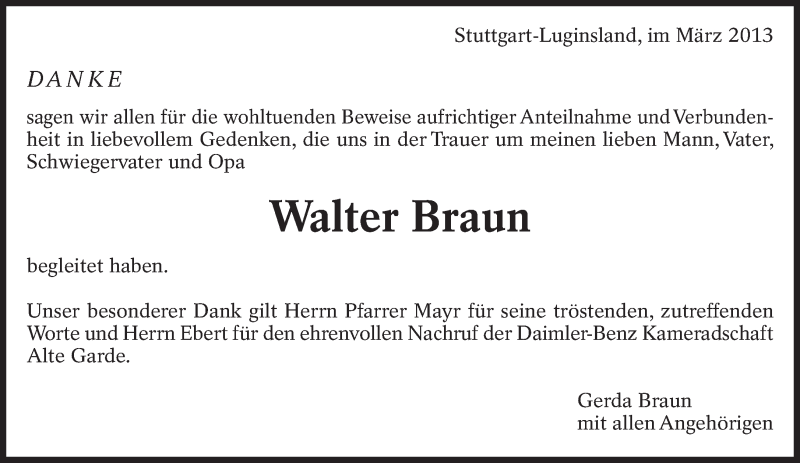  Traueranzeige für Walter Braun vom 16.03.2013 aus Eßlinger Zeitung/Cannstatter Zeitung