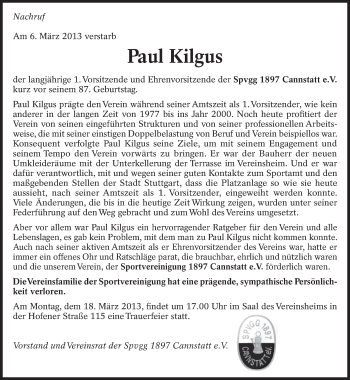 Traueranzeige von Paul Kilgus von Eßlinger Zeitung/Cannstatter Zeitung