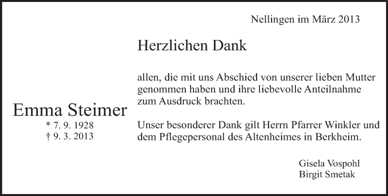  Traueranzeige für Emma Steimer vom 19.03.2013 aus Eßlinger Zeitung/Cannstatter Zeitung