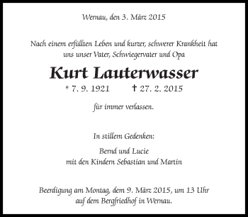 Traueranzeige von Kurt Lauterwasser von Eßlinger Zeitung/Cannstatter Zeitung