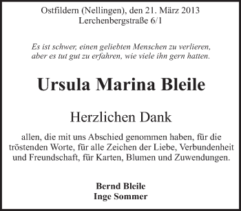 Traueranzeige von Ursula Marina Bleile von Eßlinger Zeitung/Cannstatter Zeitung