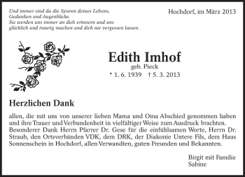 Traueranzeige von Edith Imhof von Eßlinger Zeitung/Cannstatter Zeitung