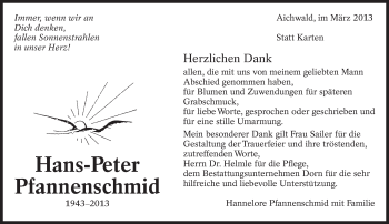Traueranzeige von Hans-Peter Pfannenschmid von Eßlinger Zeitung/Cannstatter Zeitung