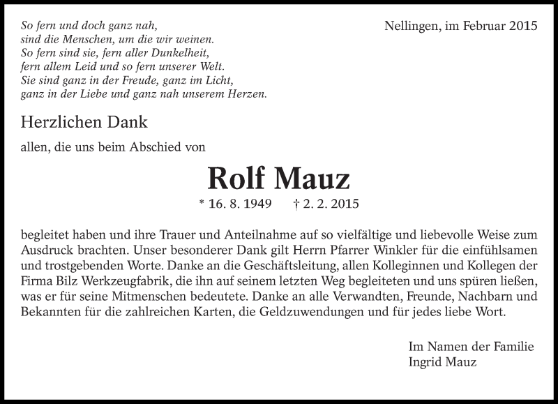  Traueranzeige für Rolf Mauz vom 14.02.2015 aus Eßlinger Zeitung/Cannstatter Zeitung