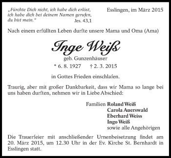 Traueranzeige von Inge Weiß von Eßlinger Zeitung/Cannstatter Zeitung