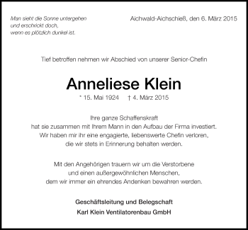 Traueranzeige von Anneliese Klein von Eßlinger Zeitung/Cannstatter Zeitung