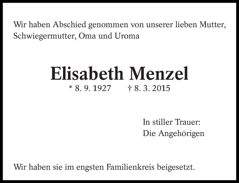  Traueranzeige für Elisabeth Menzel vom 26.03.2015 aus Eßlinger Zeitung/Cannstatter Zeitung