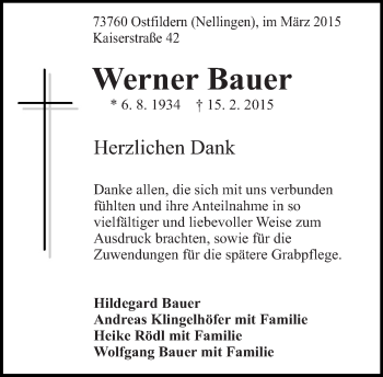 Traueranzeige von Werner Bauer von Eßlinger Zeitung/Cannstatter Zeitung