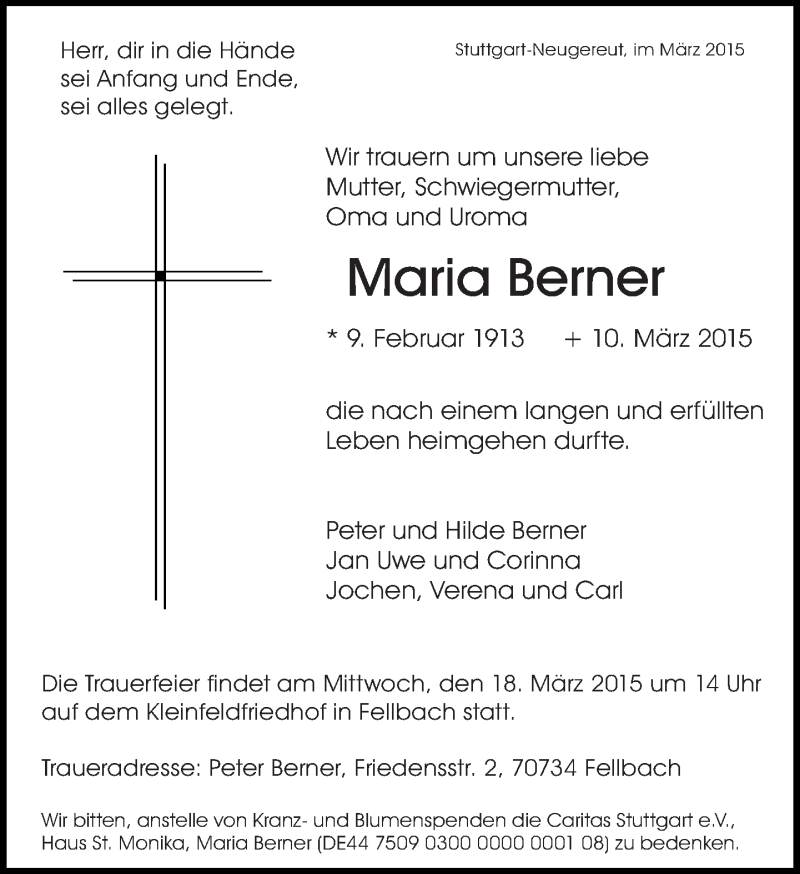  Traueranzeige für Maria Berner vom 14.03.2015 aus Eßlinger Zeitung/Cannstatter Zeitung
