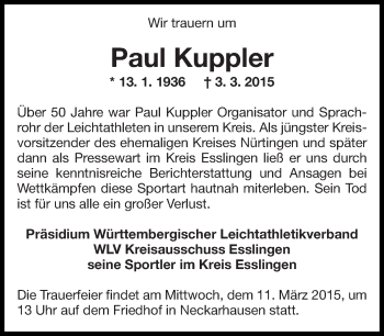 Traueranzeige von Paul Kuppler von Eßlinger Zeitung/Cannstatter Zeitung