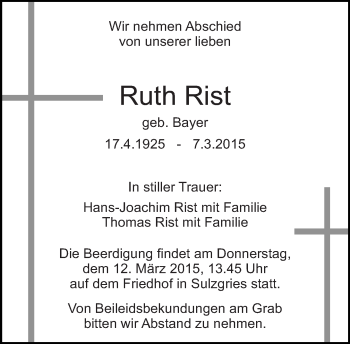 Traueranzeige von Ruth Rist von Eßlinger Zeitung/Cannstatter Zeitung