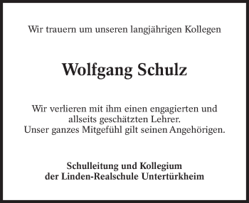 Traueranzeige von Wolfgang Schulz von Eßlinger Zeitung/Cannstatter Zeitung