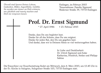 Traueranzeige von Ernst Sigmund von Eßlinger Zeitung/Cannstatter Zeitung
