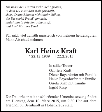 Traueranzeige von Karl Heinz Kraft von Eßlinger Zeitung/Cannstatter Zeitung