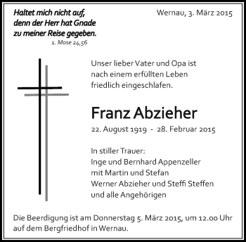 Traueranzeige von Franz Abzieher von Eßlinger Zeitung/Cannstatter Zeitung