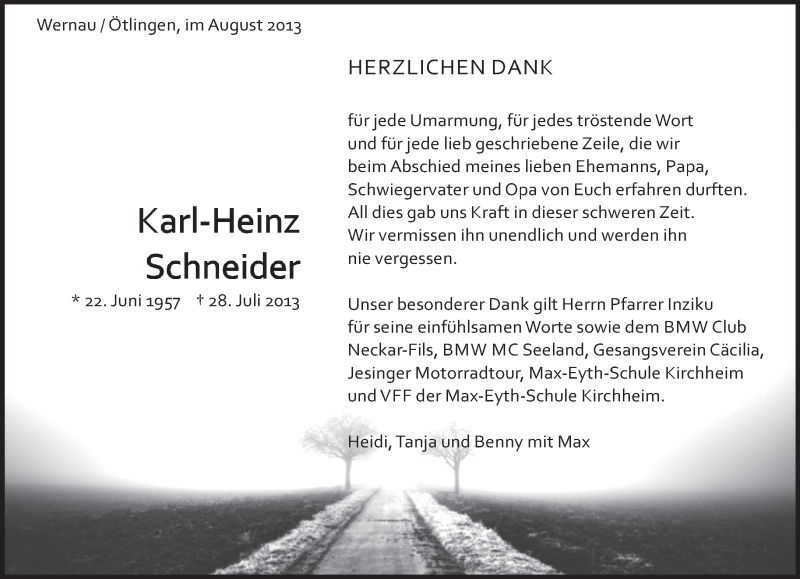  Traueranzeige für Karl-Heinz Schneider vom 10.08.2013 aus Eßlinger Zeitung/Cannstatter Zeitung