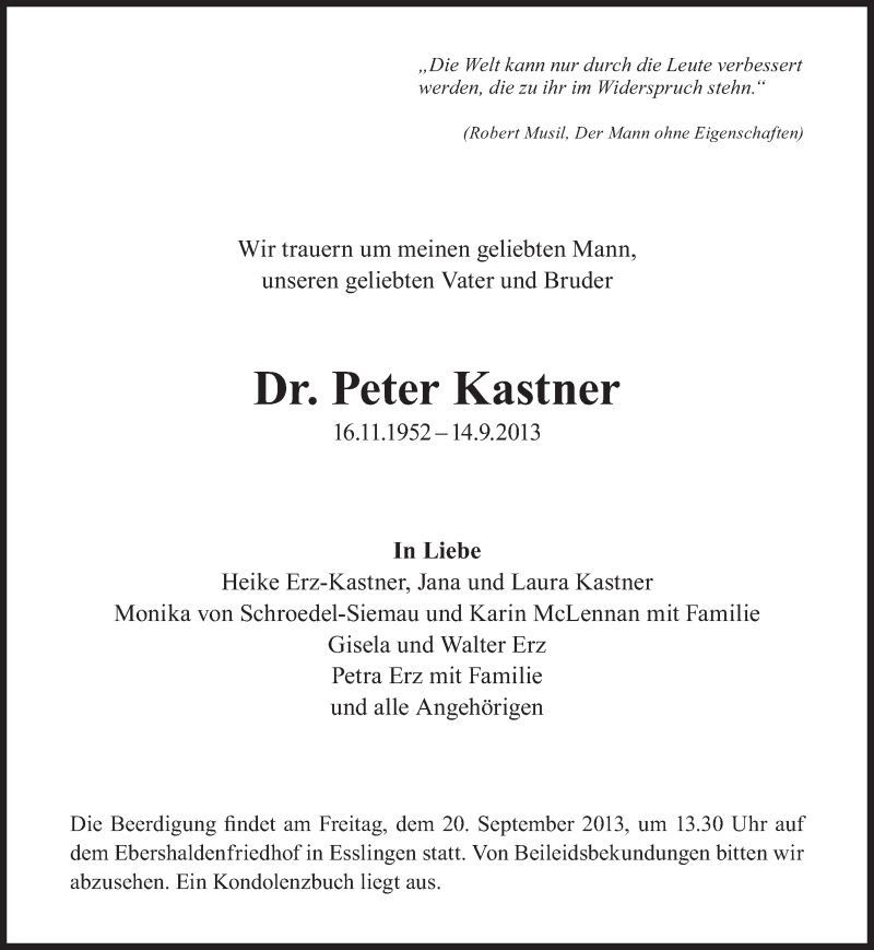  Traueranzeige für Peter Kastner vom 17.09.2013 aus Eßlinger Zeitung/Cannstatter Zeitung