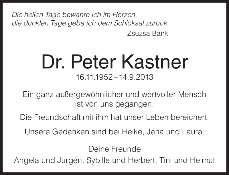  Traueranzeige für Peter Kastner vom 17.09.2013 aus Eßlinger Zeitung/Cannstatter Zeitung