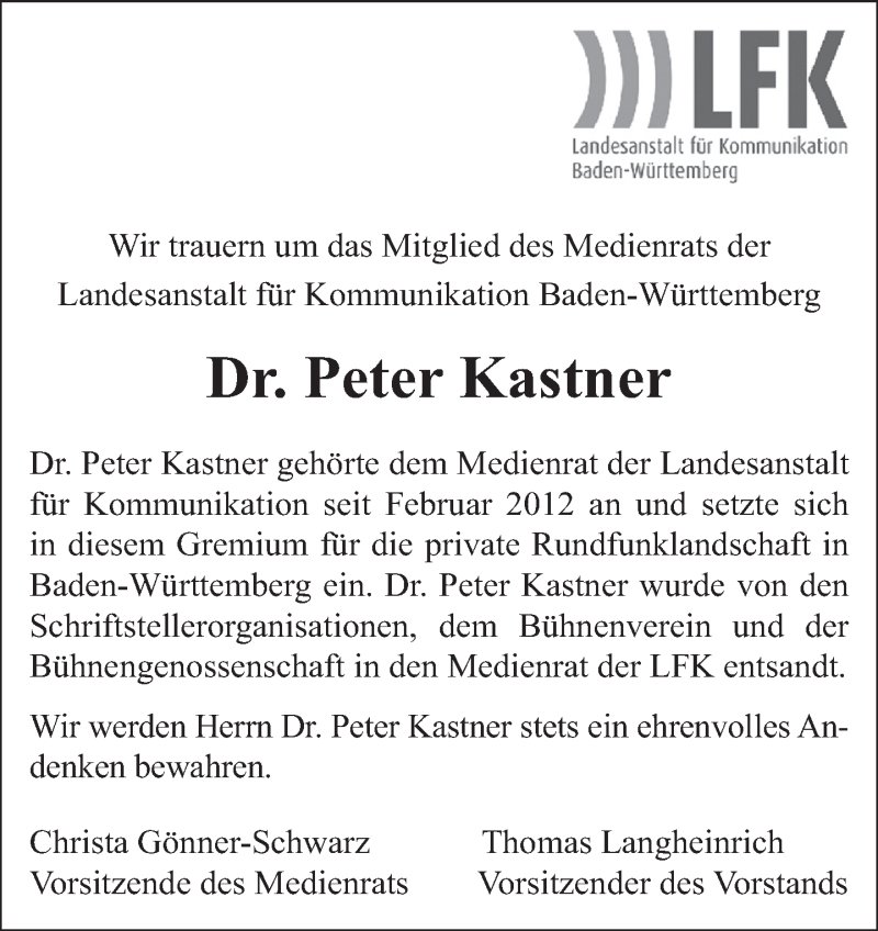  Traueranzeige für Peter Kastner vom 18.09.2013 aus Eßlinger Zeitung/Cannstatter Zeitung