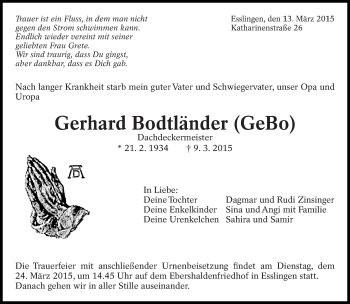 Traueranzeige von Gerhard Bodtländer von Eßlinger Zeitung/Cannstatter Zeitung