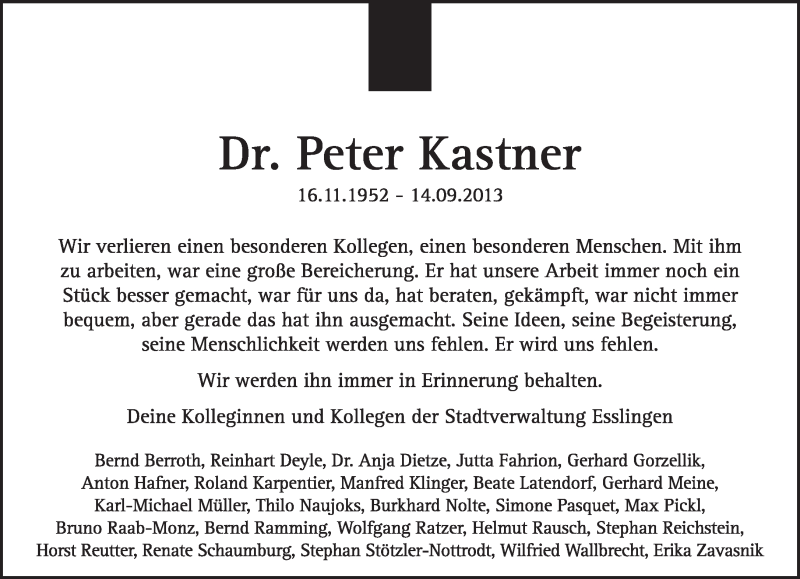  Traueranzeige für Peter Kastner vom 18.09.2013 aus Eßlinger Zeitung/Cannstatter Zeitung