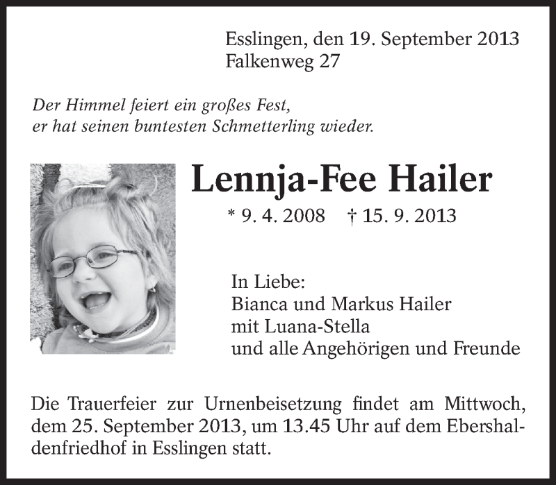  Traueranzeige für Lennja-Fee Hailer vom 19.09.2013 aus Eßlinger Zeitung/Cannstatter Zeitung