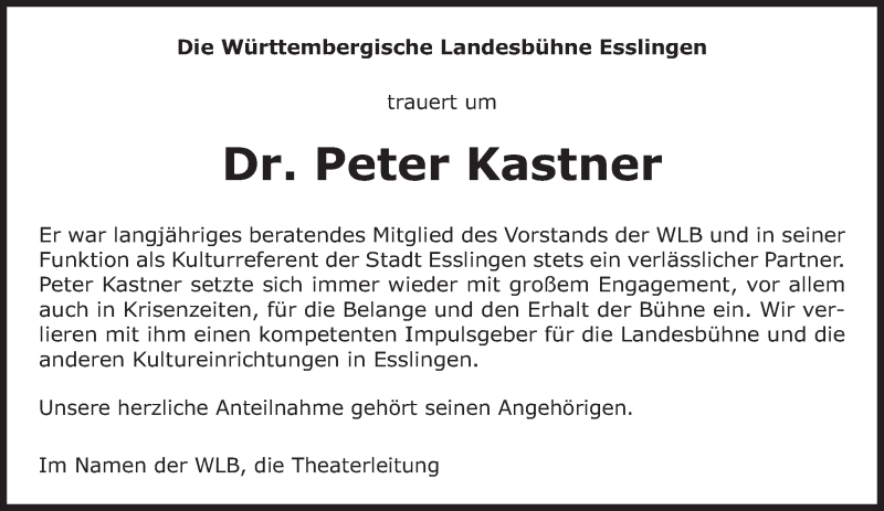  Traueranzeige für Peter Kastner vom 20.09.2013 aus Eßlinger Zeitung/Cannstatter Zeitung